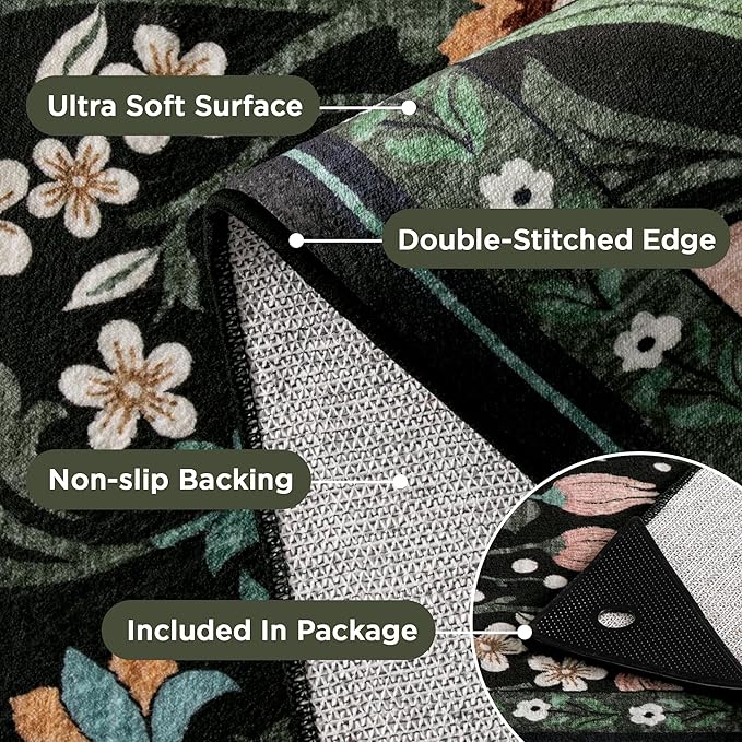 6x9 Green Floral Washable Area Rug for Living Room, Non-Slip Soft Vintage Boho Carpet, Botanical Forest Green Low Pile Rugs for Bedroom, Dinning Room, Dorm, Nursery, Black and Green