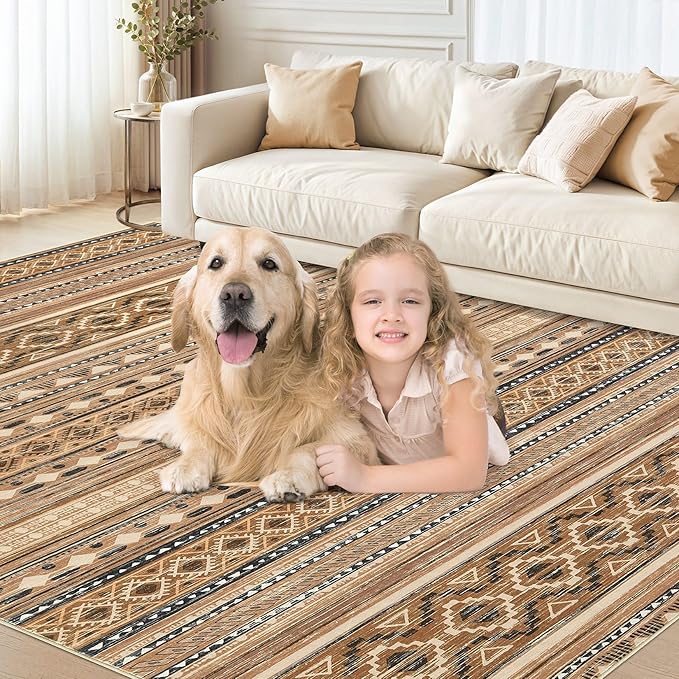 Area Rugs for Living Room Washable Living Room Rug Soft Neutral Indoor Floor Carpet Non-Slip Stain Resistant Modern Boho Rugs for Bedroom Dining Room Kids Room Nursery Office Home Brown/Beige