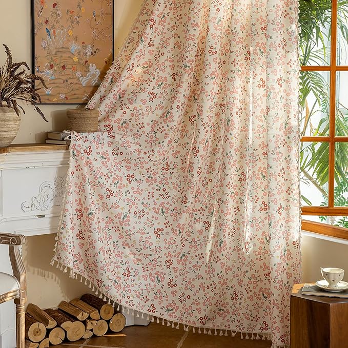 OYX Pink Boho Farmhouse Floral Curtains 96 Inch Long 2 Panels For Living Room, Flower Girl Bedroom Light Filtering Drapes, Vintage Country French Patterned Rod Pocket Aesthetic Decor Window Treatments