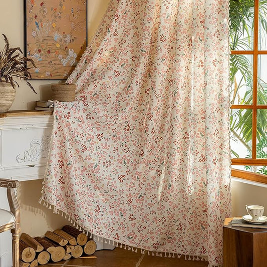 OYX Pink Boho Farmhouse Floral Curtains 96 Inch Long 2 Panels For Living Room, Flower Girl Bedroom Light Filtering Drapes, Vintage Country French Patterned Rod Pocket Aesthetic Decor Window Treatments