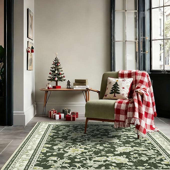 Olive Green Floral Print Area Rugs for Bedroom Living Room Boho Farmhouse Country Rustic Dining Room Carpet Soft Washable Rugs Non Slip Floor Covering for Nursery Playroom 4x6