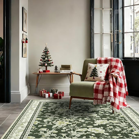 Olive Green Floral Print Area Rugs for Bedroom Living Room Boho Farmhouse Country Rustic Dining Room Carpet Soft Washable Rugs Non Slip Floor Covering for Nursery Playroom 4x6