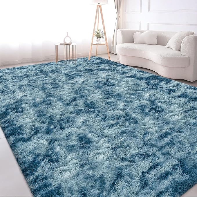 Modern Plush Shaggy 8x10 Large Rug for Living Room Tie Dyed Blue Fluffy Fuzzy Area Rug for Bedroom Aesthetic Big Shag Carpet for Nursery, Playroom, Kids Boys Girls Room