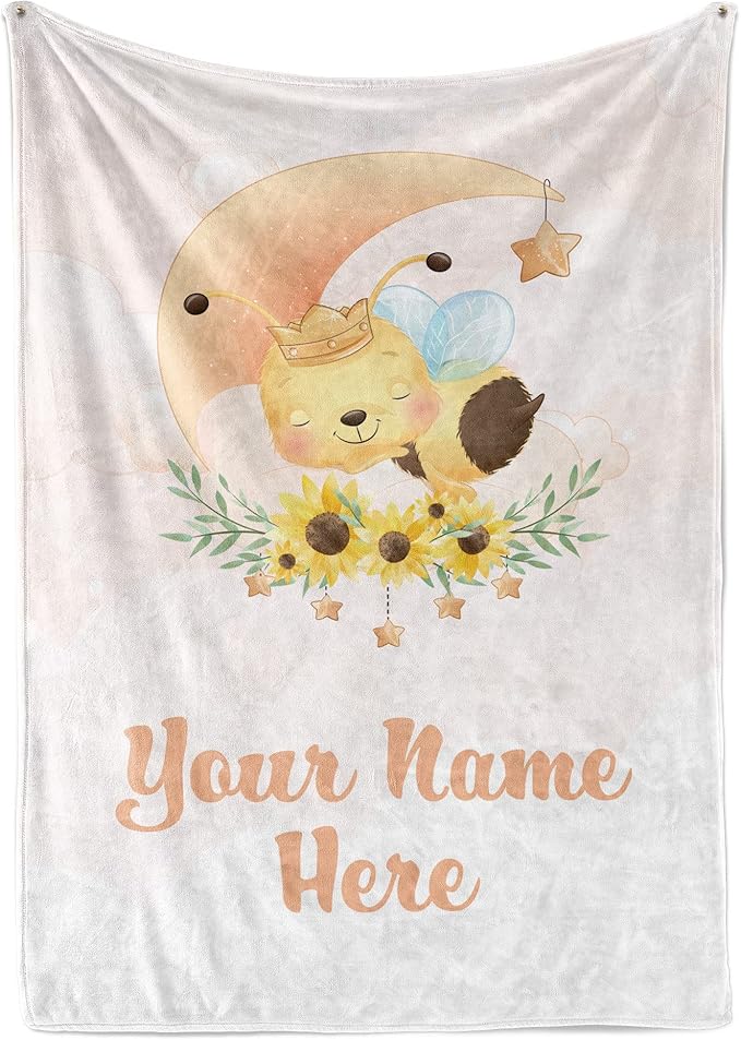 Personalized Baby Blankets with Name | Custom Bumble Bee Newborn Blanket for Baby Girl and Baby Boy | Unisex Warm Soft Fleece Swaddle Blanket Minky | (Bee, Fleece 50"x60")