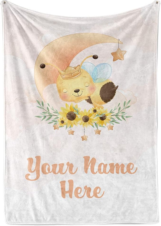 Personalized Baby Blankets with Name | Custom Bee Blanket for Baby Girls and Baby Boys | Unisex Warm Soft Fleece Swaddle Blanket Minky | (Bee, Fleece 30"x40")