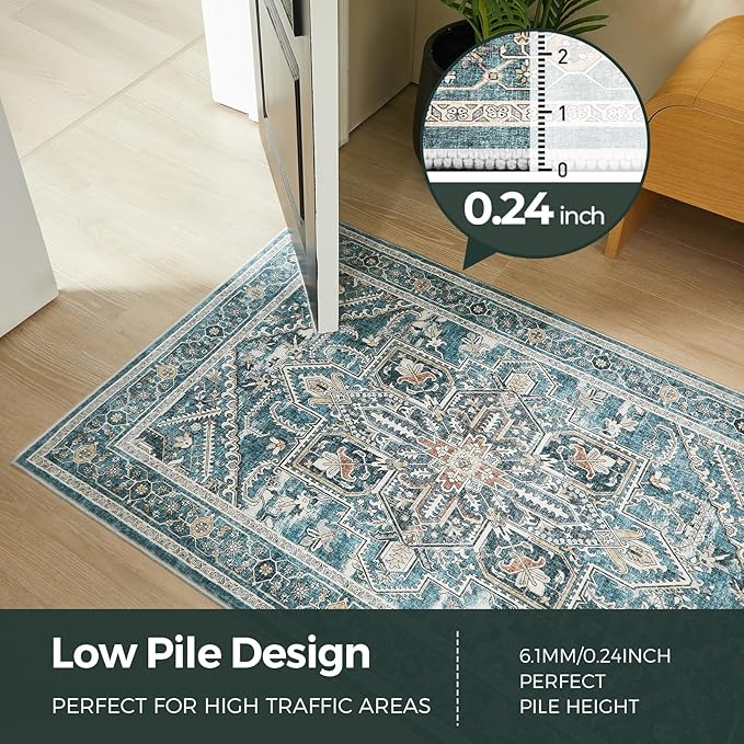 WITSHOCK 3x8 Kitchen Runner Rugs Teal: Washable Rug Boho Soft Low Pile Stain Resistant Foldable Carpet for Bedroom Hallway Entryway Indoor Entrance Bedside, Vintage Distressed Farmhouse Rug, 36″x96″