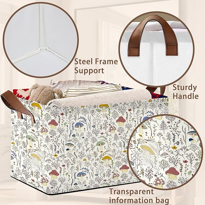 Retro Mushroom Storage Basket Large 17x11.5x10.5 Inche-Collapsible Fabric Organizer Bin with Handles for Cottagecore Decor, Nursery, Forest Theme-Decorative Hamper with Whimsical Fungi-Single Pack