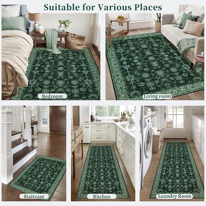 Tangsoo 5x7 Green Area Rug for Bedroom Living Room, Washable Vintage Floral Rug Non Slip,Low Pile Stain Resistance Distressed Retro Indoor Boho Carpet for Laundry Farmhouse Dinning Room Mat Home Decor
