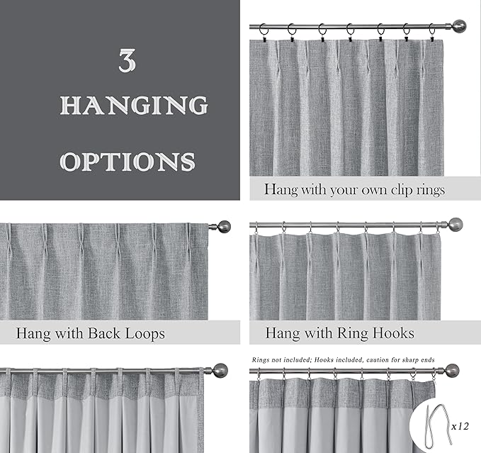 Pinch Pleated Blackout Curtain Panel with Full Blackout Liner Window Treatment Sets with Back Tab for Farmhouse Living Room Bedroom Thermal Insulated Drape with Hooks, 60"x95"x1, Dark Gray