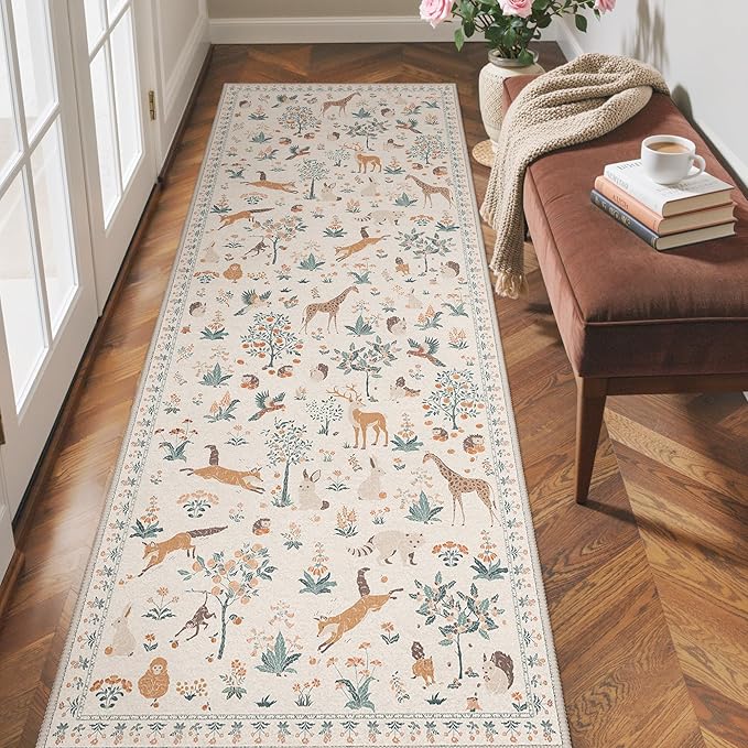 Runner Rug Non Slip 2'6''x 6', Floral Animal Print Rug Machine Washable Rug, Non Slip Low Pile Hallway Runner Carpet for Kitchen, Laundry, Bedroom, Bathroom,Nursery,Playroom, Beige