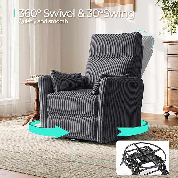 LINSY HOME 360 Swivel Nursery Rocking Chair with 2 Pillows, Corduroy High Back Adult Recliner for Small Spaces, Nursery Glider Rocker Chair, Bedroom Living Room Reclining Chairs (Grey)