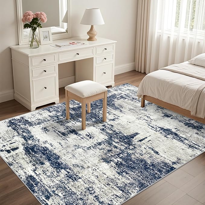 Area Rug Living Room Rugs: 5x7 Washable Rug with Anti-Slip Backing Non-Shedding Stain-Resistant Foldable Modern Abstract Carpet for Bedroom Dining Room Nursery Home Office - Gray/Blue