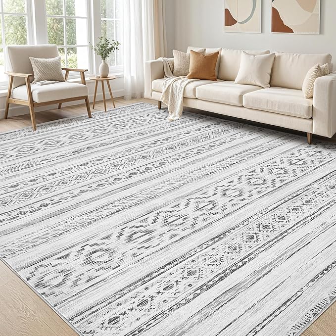 Area Rugs for Living Room Washable Living Room Rug Soft Neutral Indoor Floor Carpet Non-Slip Stain Resistant Modern Boho Rugs for Bedroom Dining Room Kids Room Nursery Office Home Cream Grey
