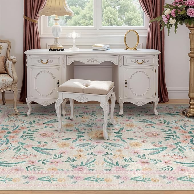 7x9 Pink Boho Floral Area Rug – Washable Non-Slip Soft Carpet for Living Room, Girls Bedroom, Kids Room or Playroom