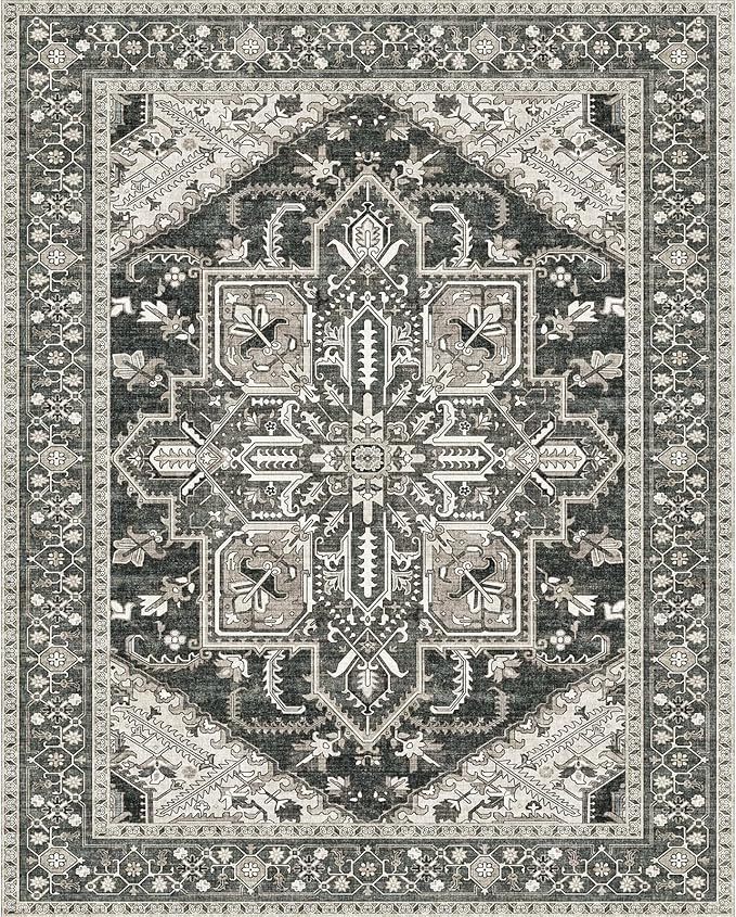 WITSHOCK Living Room Area Rugs 8x10: Washable Rug Boho Soft Non-Slip Low Pile Stain Resistant Foldable Carpet for Bedroom Playroom Dining Room Office Kitchen Farmhouse Home Decor Rug-Bitter Black