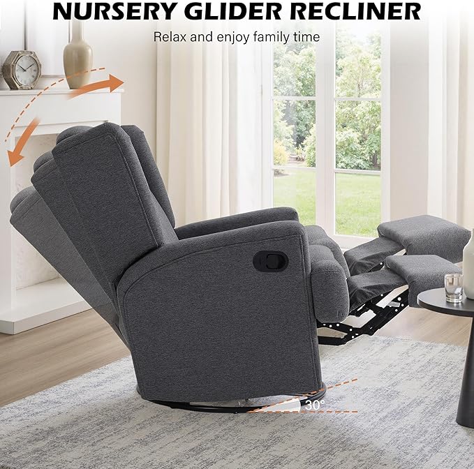 UIXE Swivel Glider Recliner Chair for Adults, Fabric High Back Accent Chair Nursery Rocker for Living Room, Upholstered Manual Reclining Sofa Seating with Deep Seat - Charcoal Gray