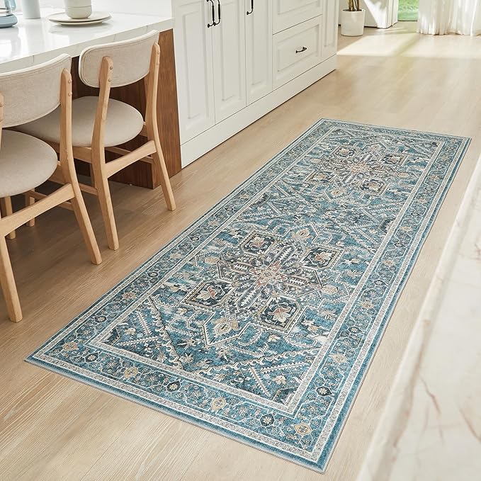 WITSHOCK 3x8 Kitchen Runner Rugs Teal: Washable Rug Boho Soft Low Pile Stain Resistant Foldable Carpet for Bedroom Hallway Entryway Indoor Entrance Bedside, Vintage Distressed Farmhouse Rug, 36″x96″
