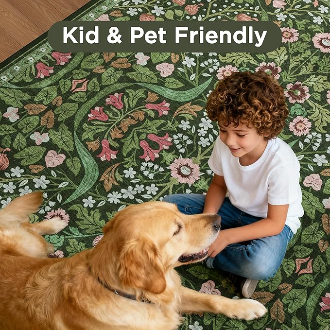 2x3 Floral Washable Area Rug for Kitchen, Non-Slip Soft Vintage Boho Carpet, Botanical Forest Green Small Low Pile Rugs for Bedroom, Entryway, Home Office, Dorm, Dark Green