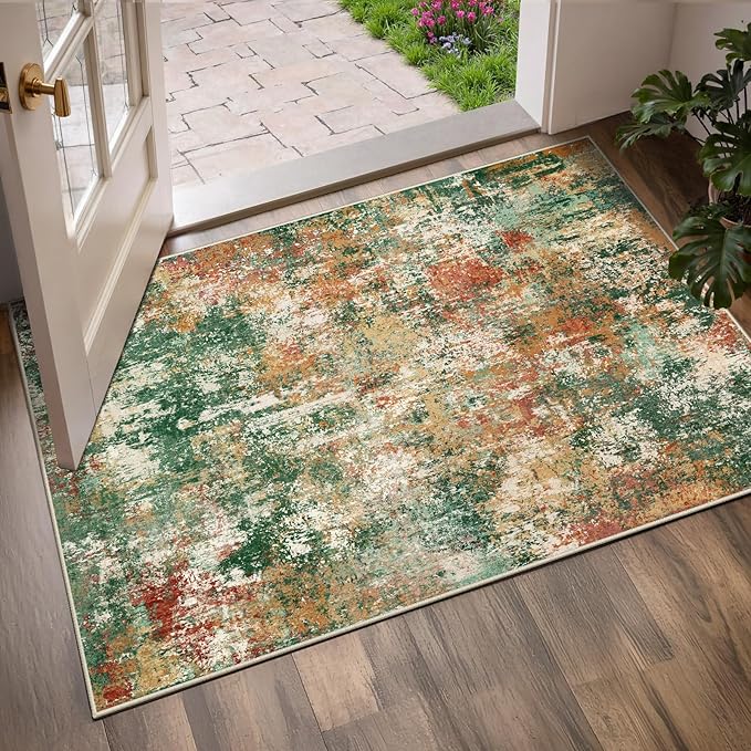 Washable Area Rugs 2'x3' Non-Slip Modern Abstract Soft for Living Room Entryway Bedroom Nursery, Print Pattern, Green Orange Rust Red Cream Colorful