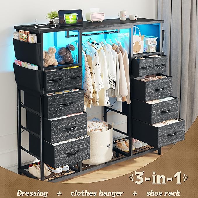 51.2" H Black Dresser with Hanging Rack, 10 Drawers Dresser for Bedroom, Fabric Chest of Drawers with LED Lights & Charging Station, Wooden Top & Sturdy Frame, Black