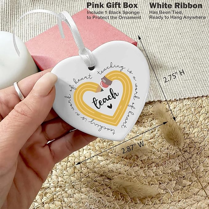 Heart Shaped Christmas Ornament-Teaching is A Work of Heart-Rainbow Teacher Appreciation Gift for Educator Mentor Instructor Thank You Teachers Week Ceramic Keepsake Decor