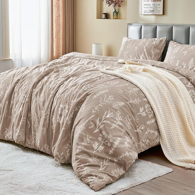 MUXHOMO Duvet Cover King Size, Reversible Floral Taupe Duvet Cover Set with Zipper Closure, 3 Pieces Botanical Patterns Soft Microfiber Bedding Set with 4 Ties (90"x104", 2 Pillow Cases)