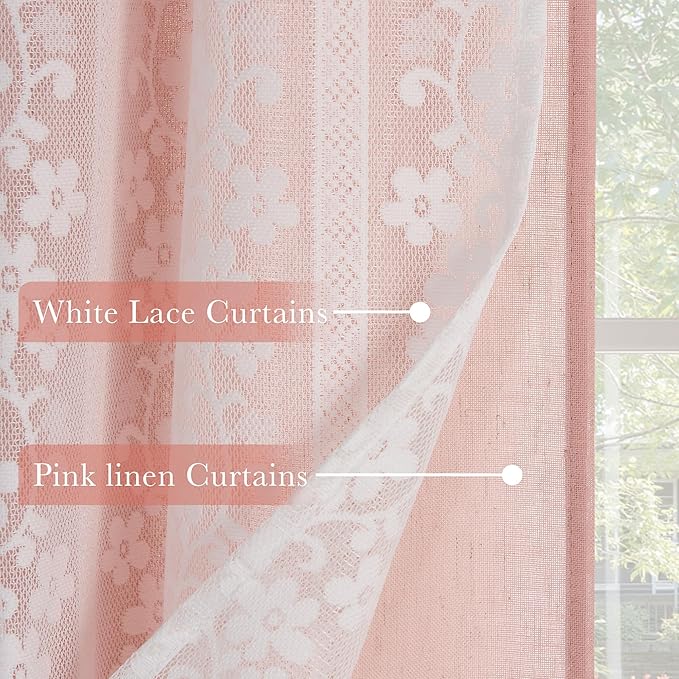 PONY DANCE Linen Pink Curtains for Living Room 84 Inches Long, Farmhouse Thermal Insulated Room Darkening Curtains, Double Layer Curtain for Girls' Bedroom, 52W x 84L, Blush Pink, 2 Panels