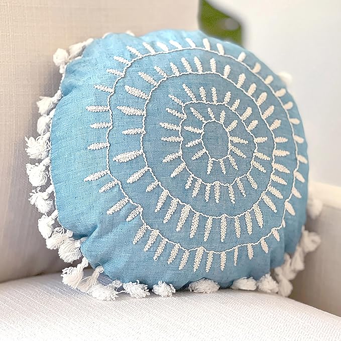 Crane Baby Pillow, Decorative Round Pillow for Nursery and Toddler Rooms, Blue, 12" x 12"