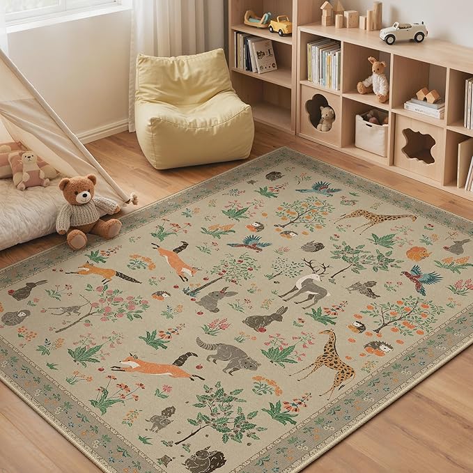 Rugs for Living Room 5x7 Floral Animal Print Area Rug Machine Washable Rug, Non Slip Low Pile Carpet for Bedroom, Entryway, Light Taupe