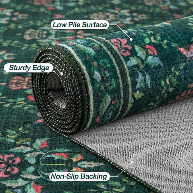 Tangsoo 5x7 Washable Area Rug, Non Slip Moroccan Trellis Green Floral Indoor Rug, Soft Low Pile Floor Carpet for Living Room, Bedroom, Dining Room, Pet & Child Friendly Room Decor, Easy to Clean