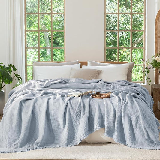 MooMee Muslin Blanket - 100% Cotton 4-Layer Gauze Throw Blanket with Tassels Ultra-Soft Breathable Lightweight Cooling for Bed Couch (Dusty Blue, Queen 90" x 90")