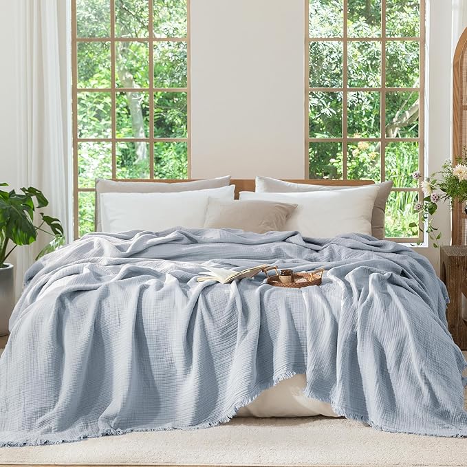 MooMee Muslin Blanket - 100% Cotton 4-Layer Gauze Throw Blanket with Tassels Ultra-Soft Breathable Lightweight Cooling for Bed Couch (Dusty Blue,Super King 108" x 98")