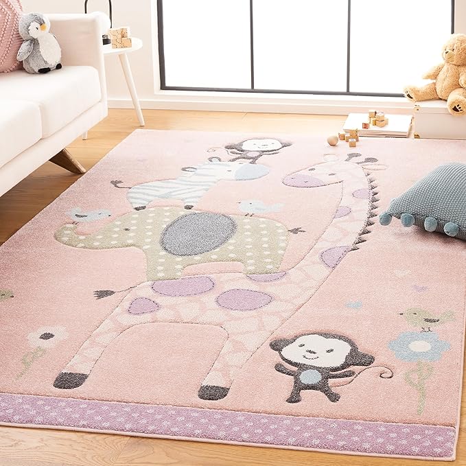 SAFAVIEH Carousel Kids Collection Area Rug - 6'7" x 9', Blush Pink, Animal Design, Ideal for High Traffic Area for Boys & Girls in Playroom, Nursery, Bedroom (CRK120U-6)
