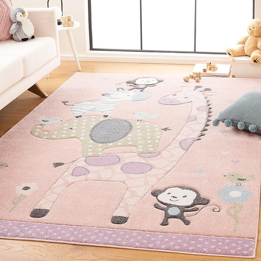 SAFAVIEH Carousel Kids Collection Area Rug - 6'7" Square, Blush Pink, Animal Design, Ideal for High Traffic Area for Boys & Girls in Playroom, Nursery, Bedroom (CRK120U-7SQ)