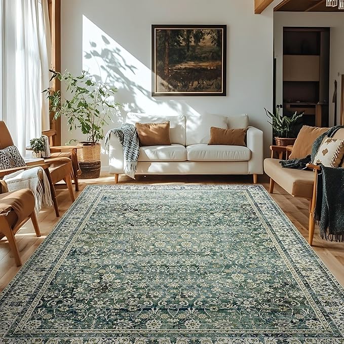 9x12 Area Rugs Washable Rug for Living Room Big Bedroom Under Bed,Faux Wool Soft No Slip Floral Boho Vintage Extra Large Carpet for Dining Room Under Table,9 by 12,Emerald Dark Green
