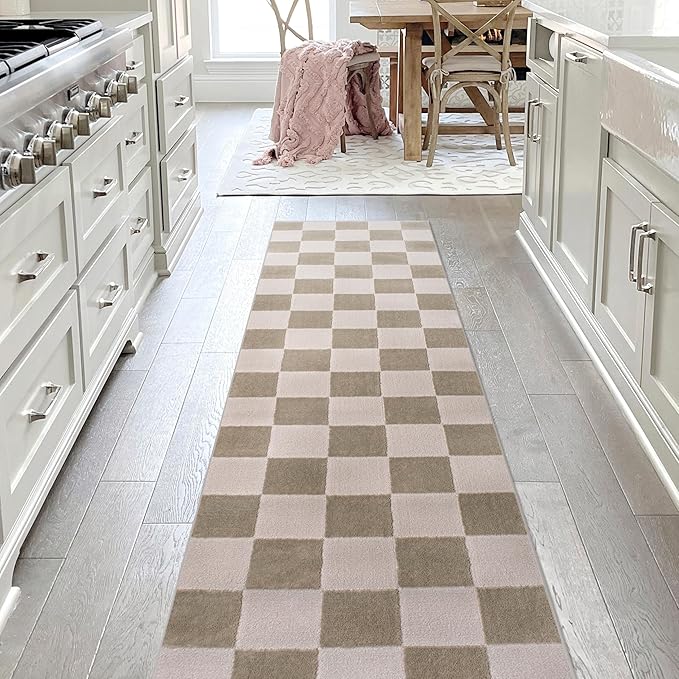 JONATHAN Y Checkerboard High-Low Runner Rug 2X8 Beige/Cream, Thea Modern Geometric for Living Room, Bedroom, Kitchen, Office, Easy-Cleaning, High Traffic, Pet-Friendly, Non-Shedding SND103A-28