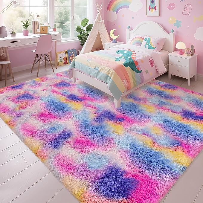 Large Hot Pink Rainbow Area Rug for Kids Room 8x10 Ft, Soft Plush Fluffy Princess Unicorn Rugs for Girls Bedroom, Cute Shaggy Colorful Carpet for Kids Teens Nursery Toddler Decor Aesthetic