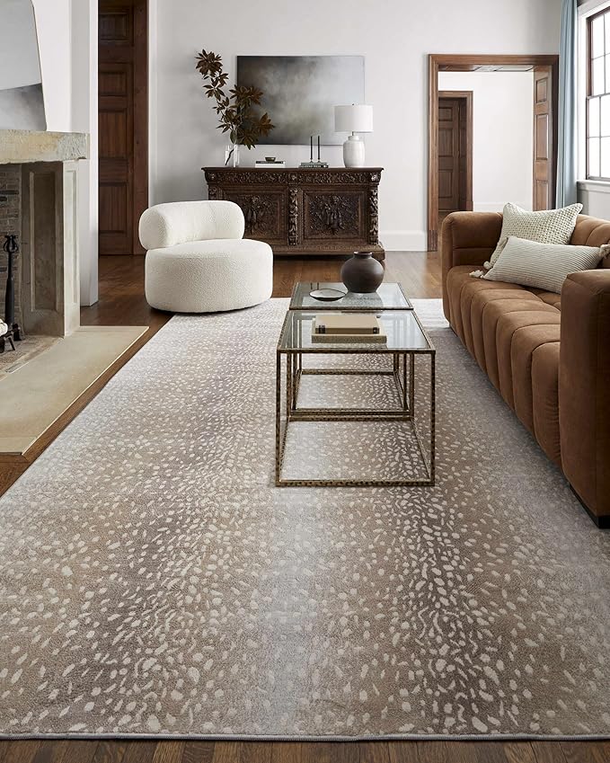 Hauteloom Pointblank Animal Print Living Room, Bedroom Area Rug - Pile Height 0.27" - Bohemain Abstract Spotted Farmhouse Rug - Leopard, Dalmatian Carpet - Gray, Brown, Beige - 6'7" Square