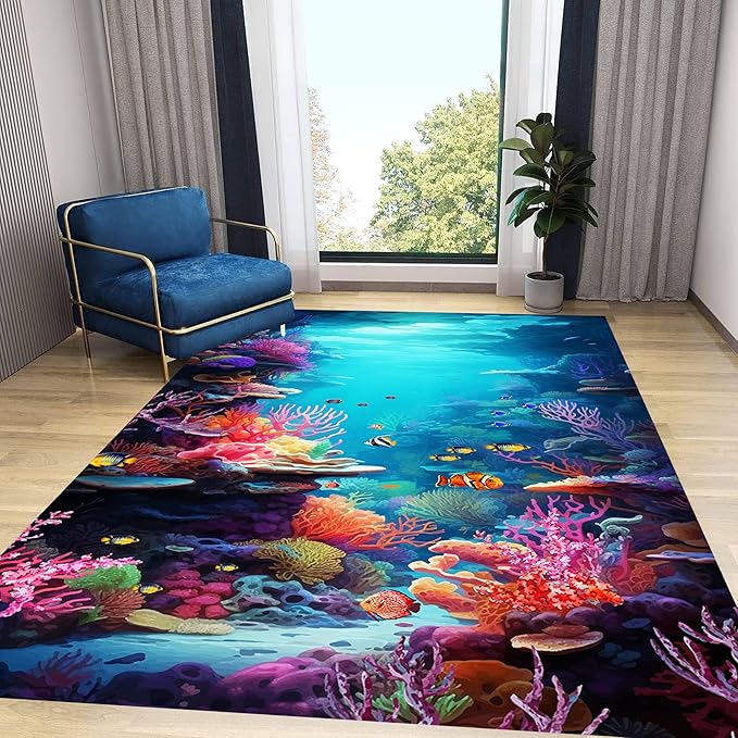 Under The Sea Area Rug, 6x9ft, Underwater World Coral Carpets for Bedroom, Marine Animal Tropical Fish Non-Slip Carpet, Low Pile Thin Absorbent Machine Washable Rugs for Living Room