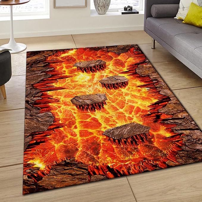 Lava Area Rugs4x6ft,3D Visual Illusion Flame Living Room Non-Slip Floor Mat Lava Crackle Print Simulated Rug, Washable Non Slip Stain Resistant for Kids Rooms, Boys' Bedrooms, Game Rooms