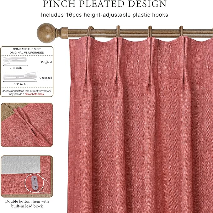 IVAPUPU Linen Pinch Pleated 100% Blackout Curtains for Bedroom - 2 Pages Black Out Fall Curtains 63 Inch Long 2 Panel for Living Room Darkening Thermal Window Curtain Drapes with 16pc Hooks