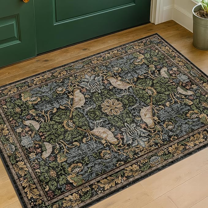 Washable Dark Vintage Floral Rugs for Entryway - Small 2x3 Washable Rug for Kitchen Bathroom Door Mat Indoor Entrance with Bird & Botanical Pattern, Brown Earthy Tones, Non Slip Low Pile