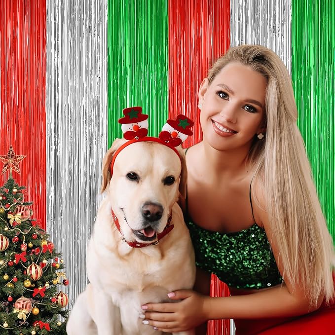 2 Pack Christmas Metallic Tinsel Foil Fringe Curtains, Door Streamers Photo Booth Backdrop for Birthday Party, Tinsel Curtain Backdrop for Christmas Theme Party Decorations, Red Silver and Green