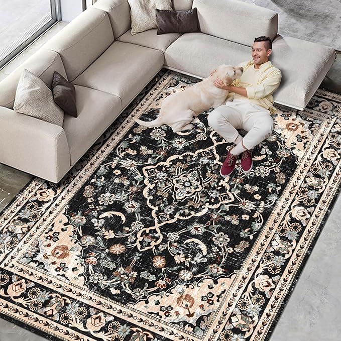 Vhong Black and Brown Area Rugs Boho Washable Vintage Modern Neutral Large Carpet 8×10 High Traffic Rugs for Dinning Room Living Room Bedroom Farmhouse Non Slip
