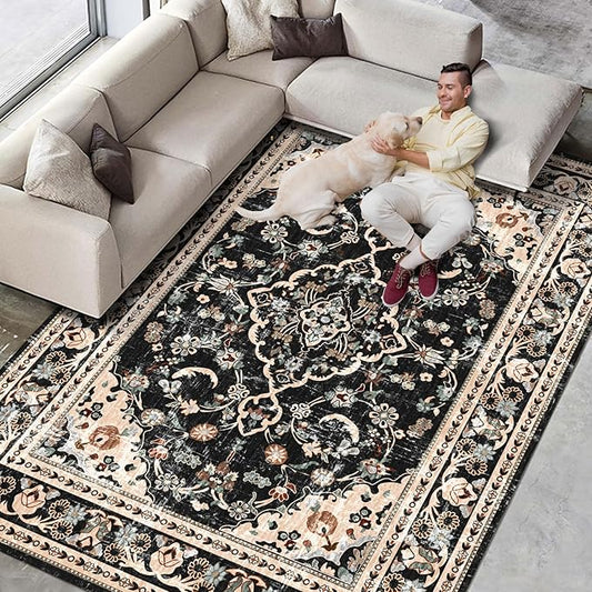 Vhong Black and Brown Area Rugs Boho Washable Vintage Modern Neutral Large Carpet 8×10 High Traffic Rugs for Dinning Room Living Room Bedroom Farmhouse Non Slip