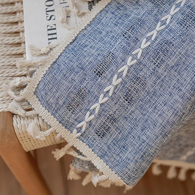 Deeprove Denim Blue Boho Curtain 84 inches Length for Bedroom Dining Room, Western French Bohemian Sheer 84 inches Long Stripe Embroidery Privacy Window Tassel Cottagecore W52 x L84, 1 Panel
