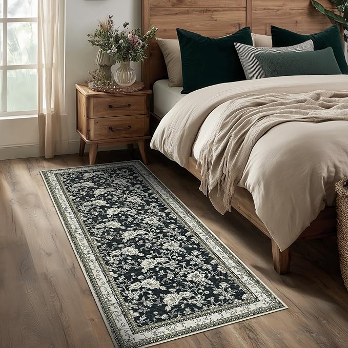 Black Runner Rugs 2x6 for Hallway Kitchen Bedroom Beside Laundry Room Bathroom Rug Boho Modern Washable Non Slip Low Pile Stain Resistant Soft Long Carpet Mat Black Cream Beige Taupe Floral Pattern