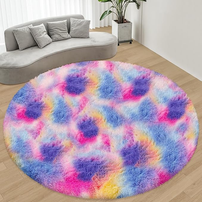 Fluffy 8 ft Large Round Pink Rainbow Area Rugs for Girls Bedroom, Colorful Soft Shaggy Circular Rug Plush Fluffy Big Carpet Fuzzy for Nursery Baby Room Playroom Cute Dorm Iving Room Home Decor