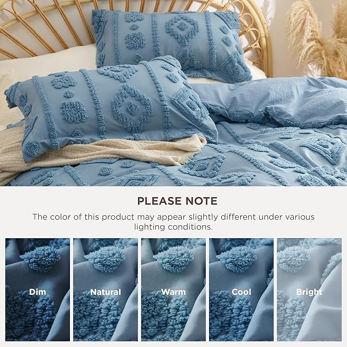 Bedsure Boho Duvet Cover King - Dusty Blue Tufted Boho Bedding, Farmhouse Shabby Chic Embroidery Bedding for All Seasons, 3 Pieces, 1 Soft Jacquard King Comforter Cover and 2 Pillow Shams