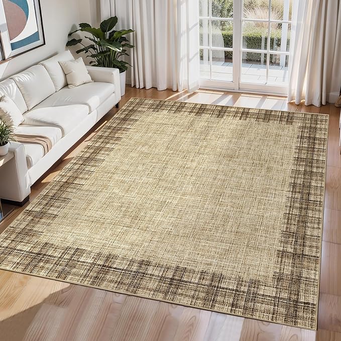 COZYLOOM Living Room Area Rug 8x10 Machine Washable Carpet Abstract Rug Low Pile Home Decor Carpet for Bedroom, Dining Room, Family Room, Nursery, Playroom（Natural）